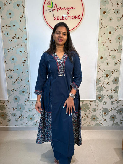 Navy Blue Cotton Co-ord Set | Embroidered Kurta & Pants