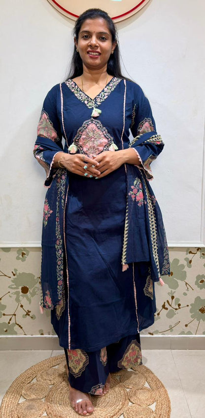 Navy Blue Cotton Kurti Set | Bell Sleeves