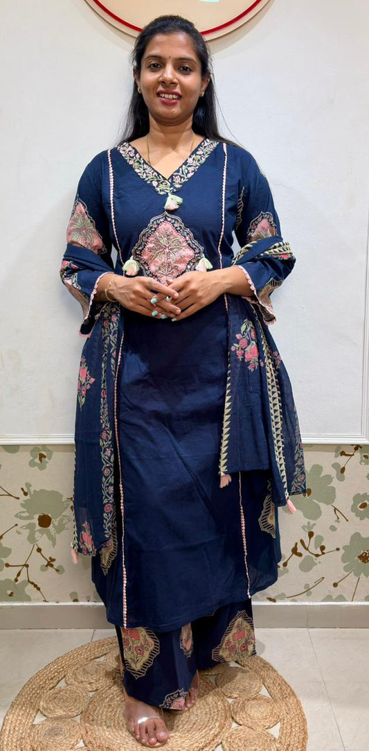 Navy Blue Cotton Kurti Set | Bell Sleeves