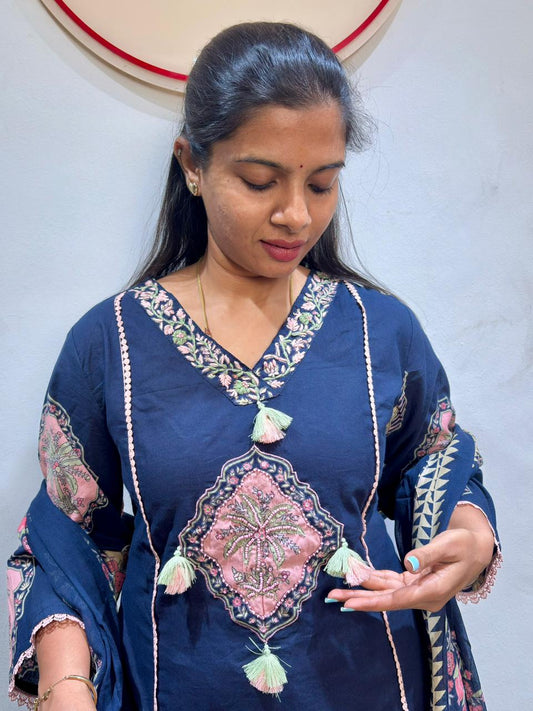 Navy Blue Cotton Kurti Set | Bell Sleeves