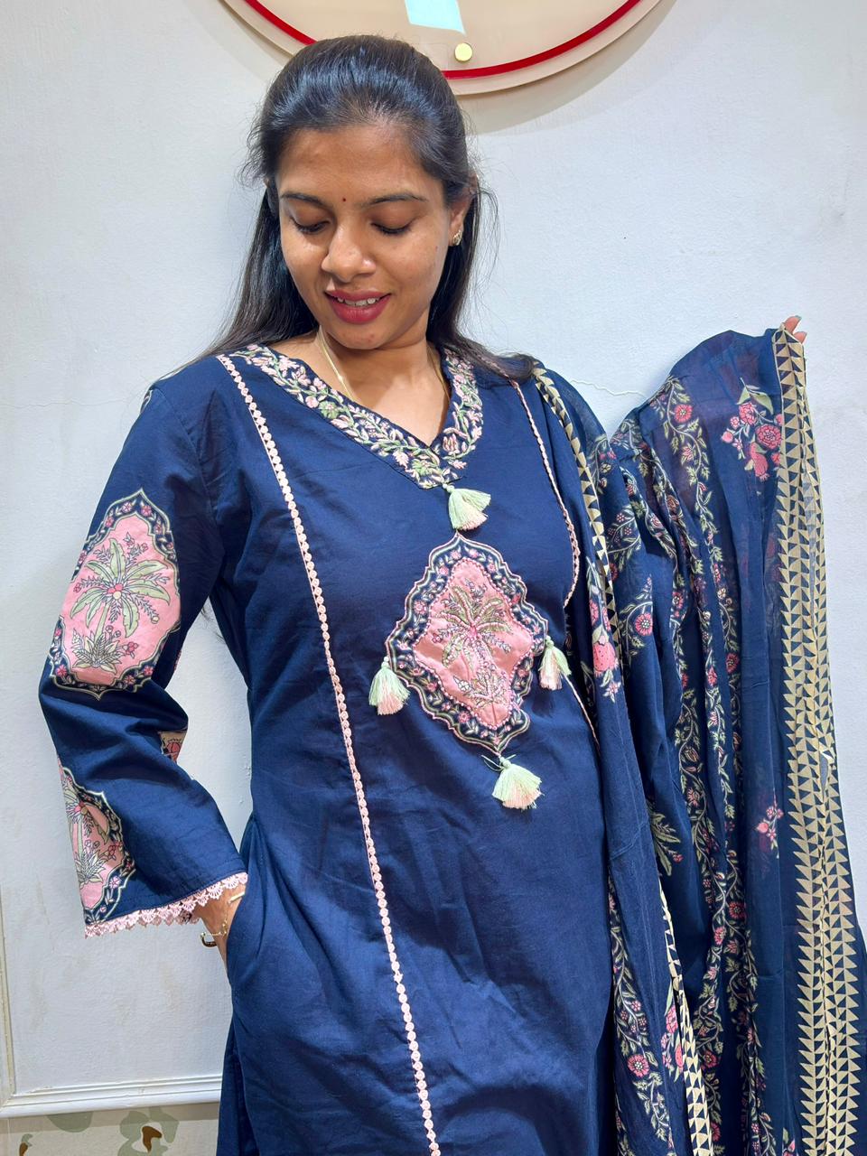 Navy Blue Cotton Kurti Set | Bell Sleeves