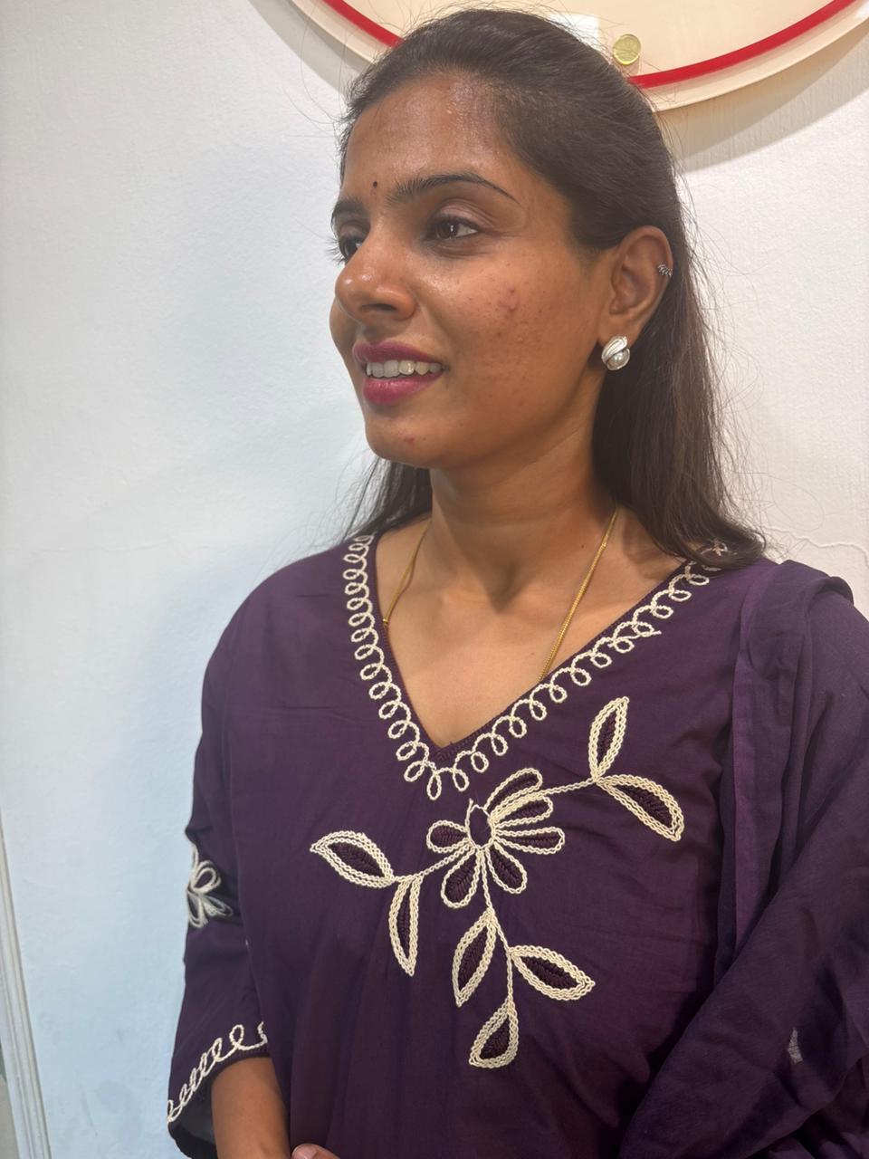 Deep Purple Cotton Floral Embroidered Kurta Set with Dupatta