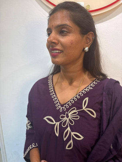 Deep Purple Cotton Floral Embroidered Kurta Set with Dupatta