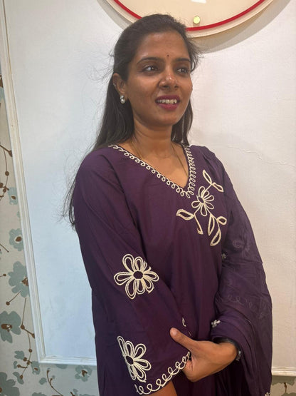 Deep Purple Cotton Floral Embroidered Kurta Set with Dupatta