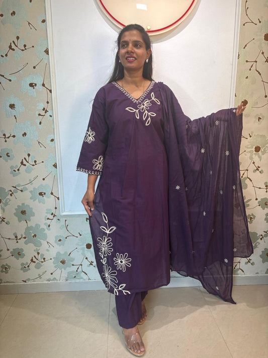 Deep Purple Cotton Floral Embroidered Kurta Set with Dupatta