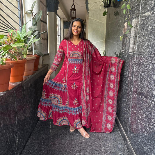 Crimson Bloom Anarkali Set with Dupatta