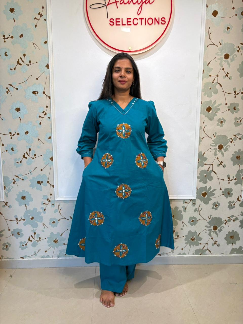 Teal Medallion Embroidery Cotton Co-ord Set
