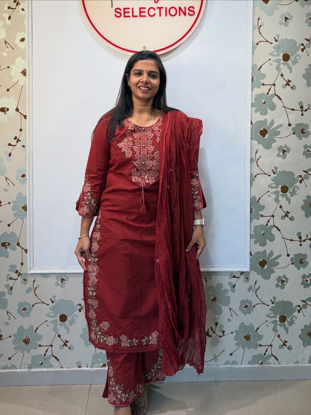 Maroon Rose Embroidery Cotton Kurti Set with Dupatta