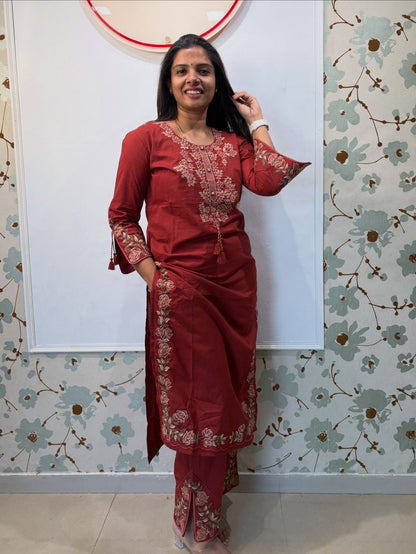 Maroon Rose Embroidery Cotton Kurti Set with Dupatta
