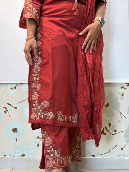 Maroon Rose Embroidery Cotton Kurti Set with Dupatta