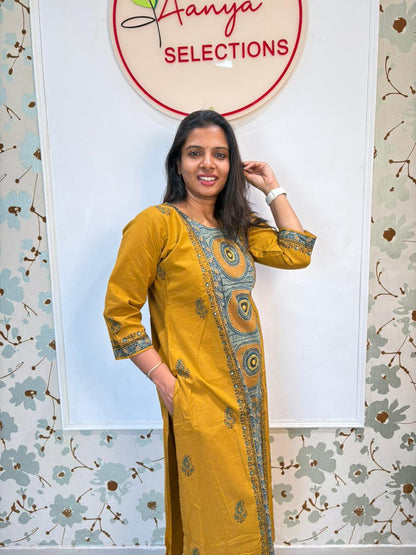 Mustard Yellow Tie & Dye Cotton Kurti Set