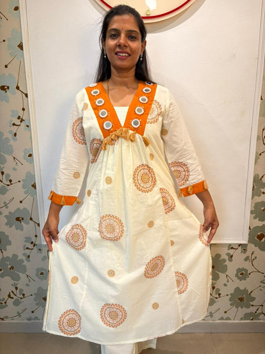 Off-White Mirror Work Mul Cotton Kurti Set with Mandala Print