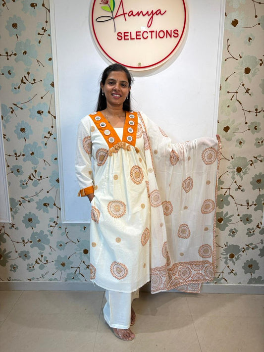 Off-White Mirror Work Mul Cotton Kurti Set with Mandala Print