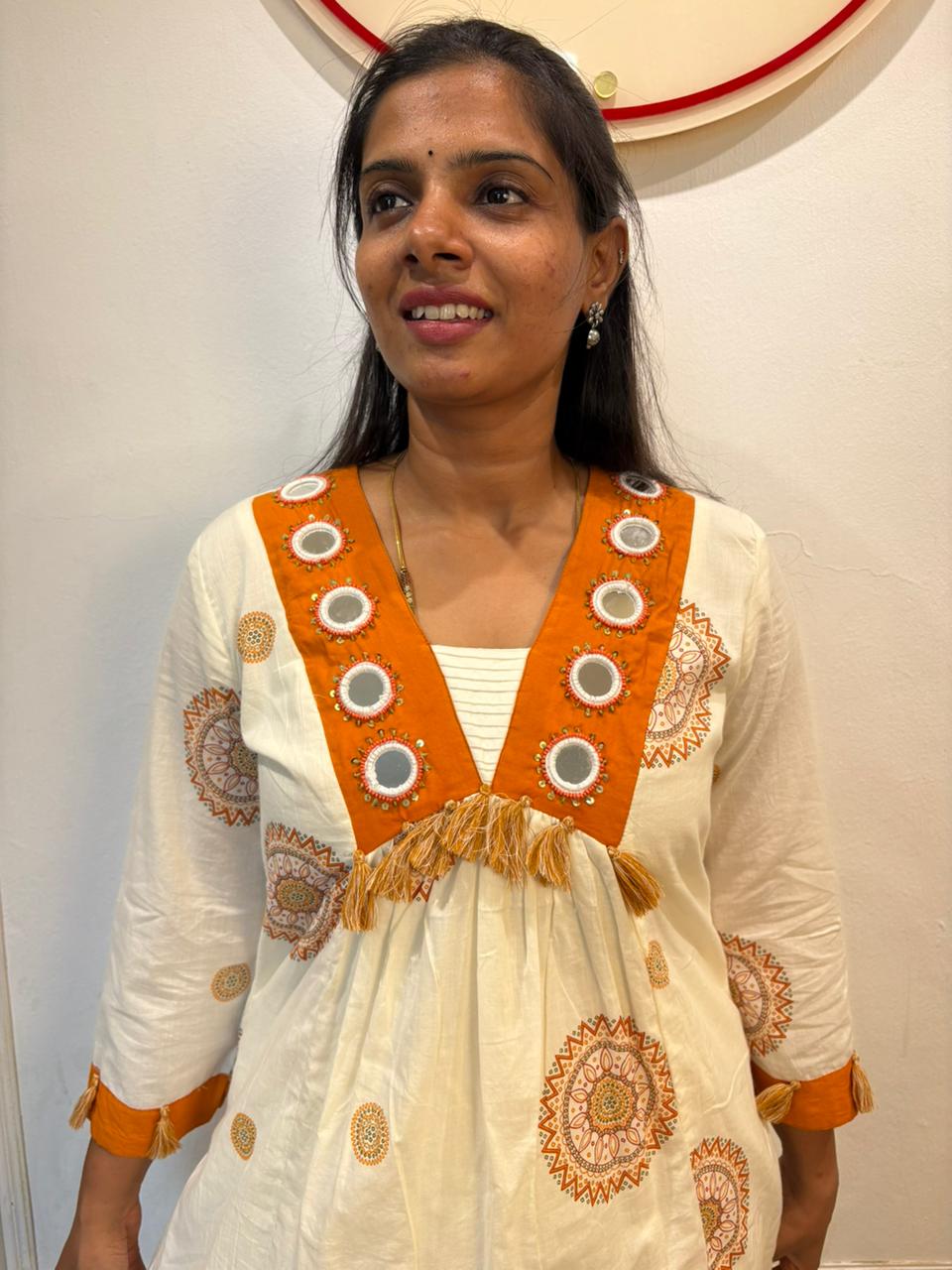 Off-White Mirror Work Mul Cotton Kurti Set with Mandala Print