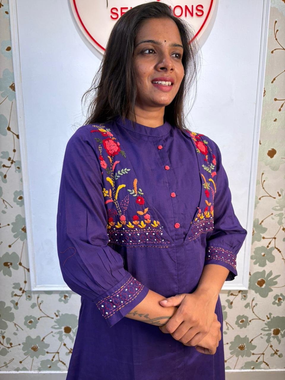 Cotton Floral Embroidered One Piece Dress in Royal Purple