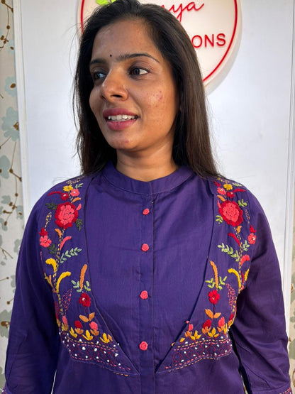 Cotton Floral Embroidered One Piece Dress in Royal Purple