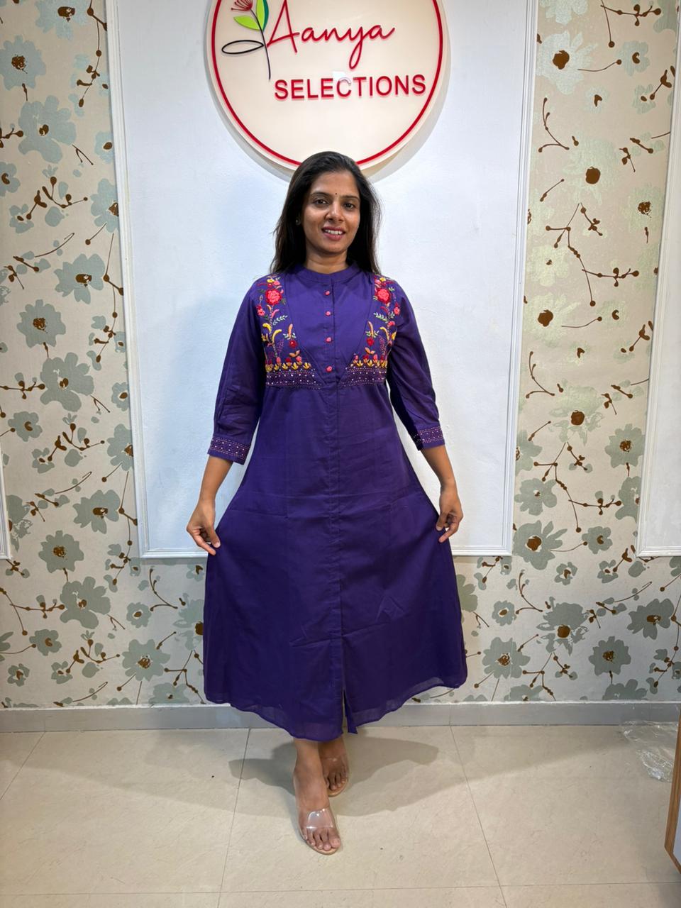 Cotton Floral Embroidered One Piece Dress in Royal Purple