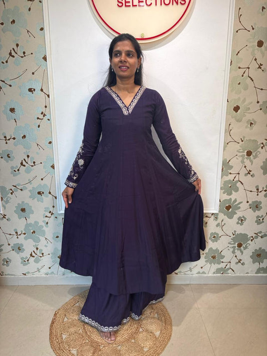 Navy Blue Mul Chanderi A-line Kurta Set with Beige Dupatta