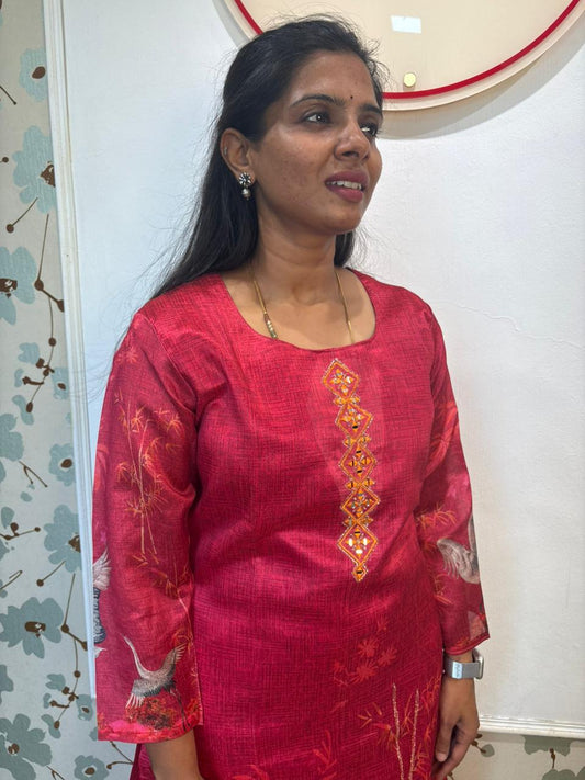 Red Crane Print Silk Kurta Set with Dupatta