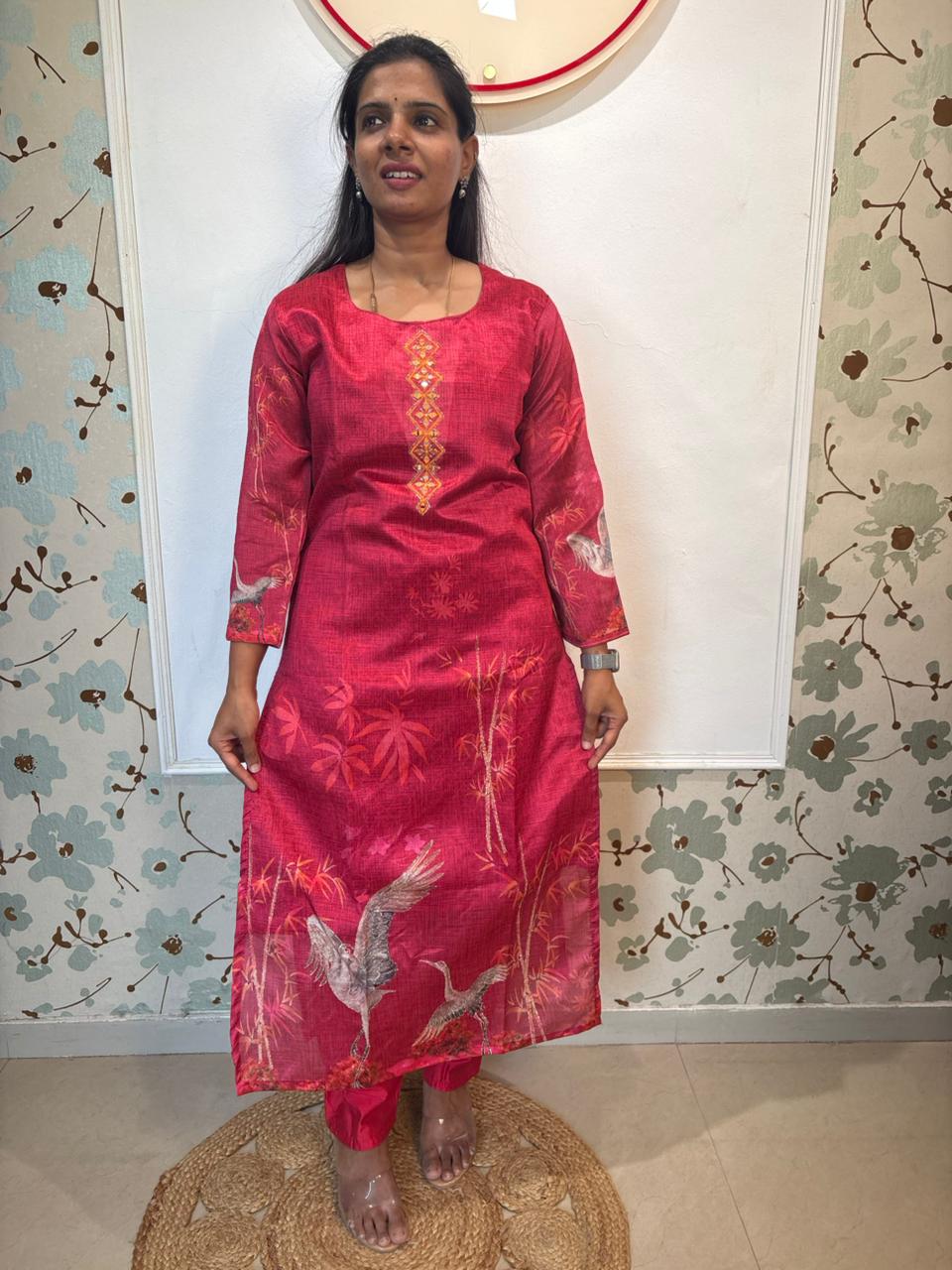 Red Crane Print Silk Kurta Set with Dupatta