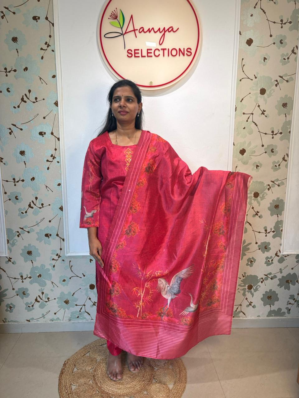 Red Crane Print Silk Kurta Set with Dupatta