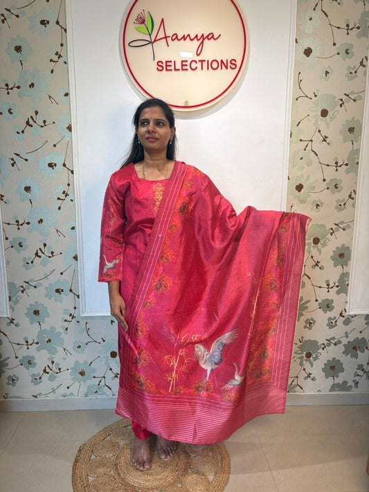 Red Crane Print Silk Kurta Set with Dupatta