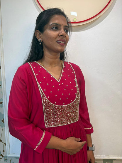 Raspberry Pink Mulchanderi A-Line Kurta Set with Dupatta
