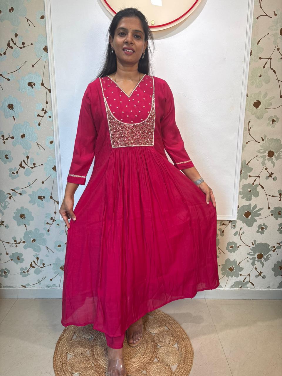 Raspberry Pink Mulchanderi A-Line Kurta Set with Dupatta