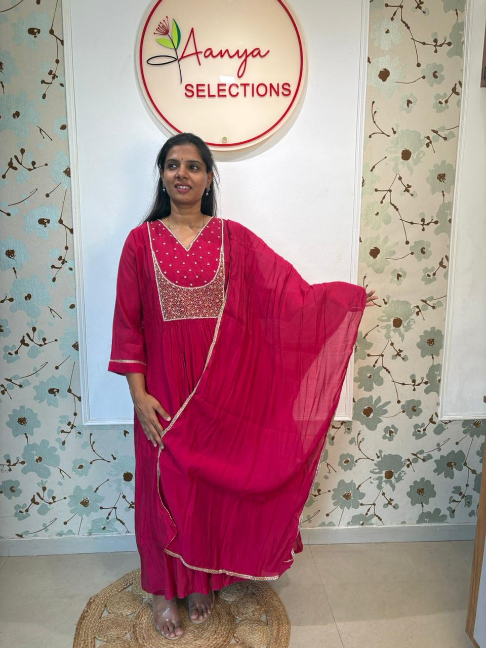 Raspberry Pink Mulchanderi A-Line Kurta Set with Dupatta