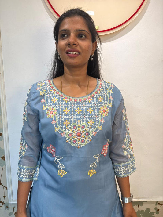 Steel Blue Embroidered Kurta Set with Floral Dupatta