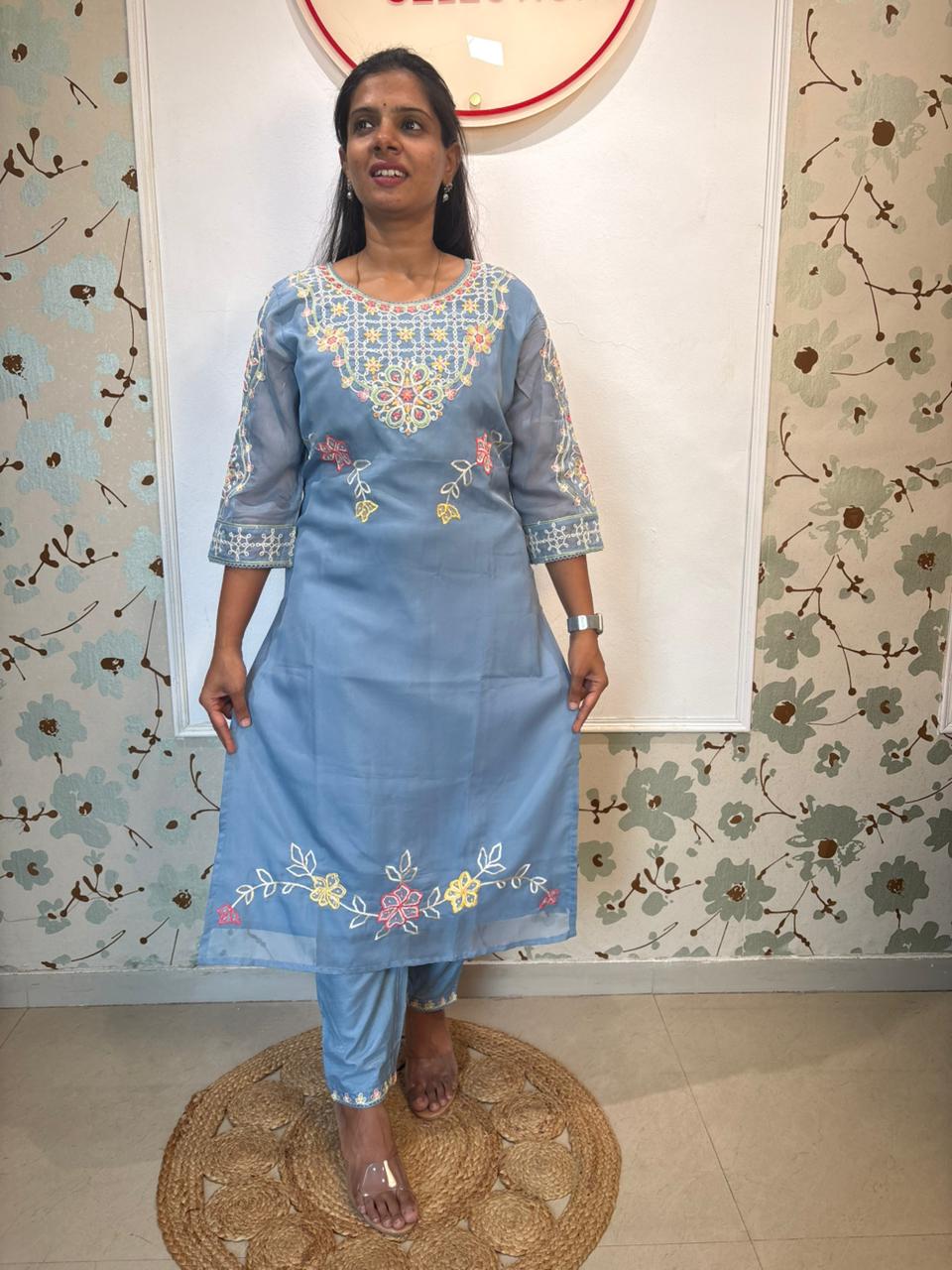 Steel Blue Embroidered Kurta Set with Floral Dupatta