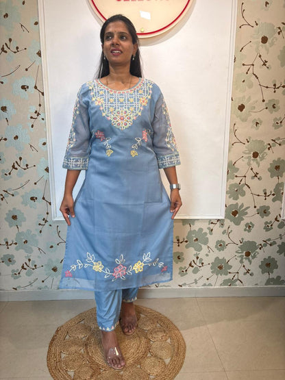 Steel Blue Embroidered Kurta Set with Floral Dupatta