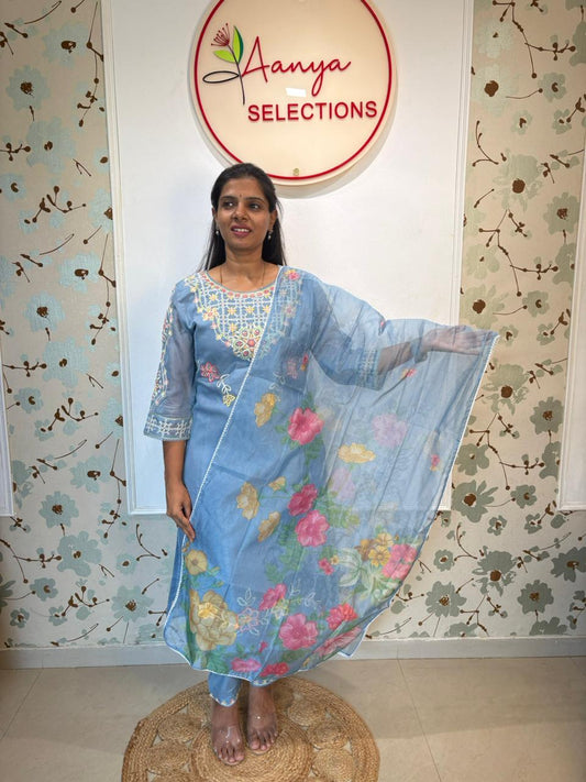 Steel Blue Embroidered Kurta Set with Floral Dupatta