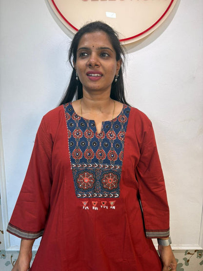 Rust Red Cotton Kurta Set with Ajrakh Yoke & Navy Dupatta