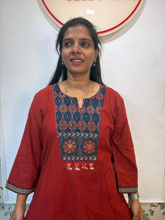 Rust Red Cotton Kurta Set with Ajrakh Yoke & Navy Dupatta
