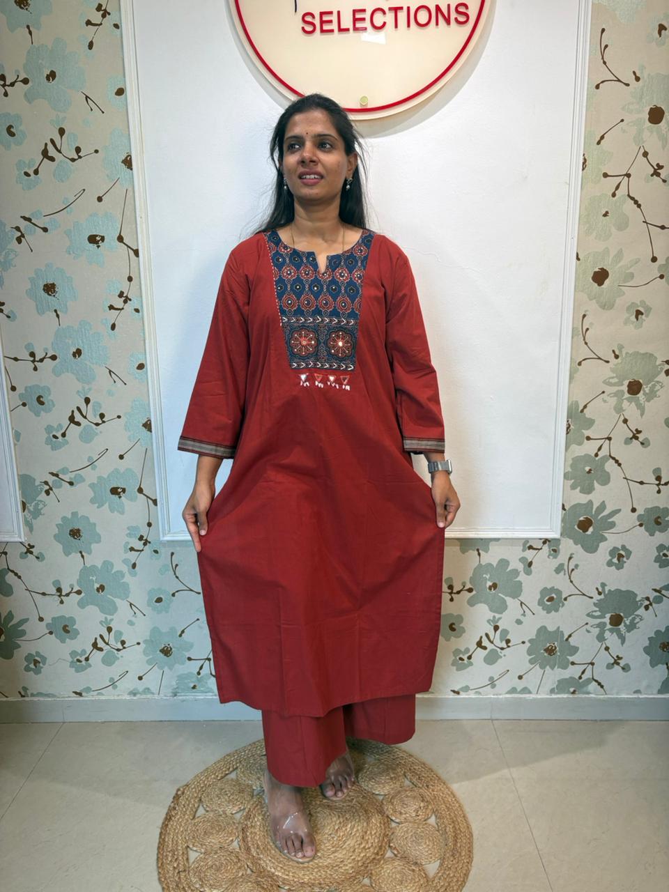 Rust Red Cotton Kurta Set with Ajrakh Yoke & Navy Dupatta