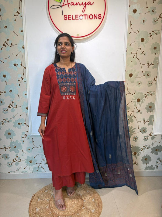 Rust Red Cotton Kurta Set with Ajrakh Yoke & Navy Dupatta