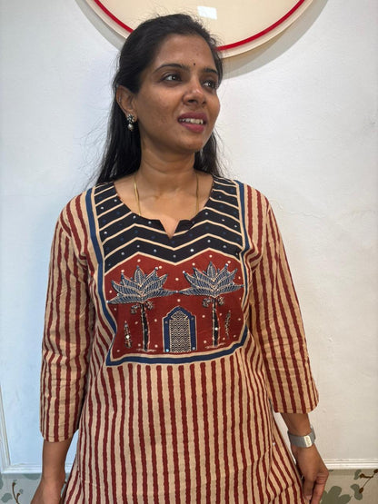 Beige & Rust Striped Cotton Kurta Set with Lotus Temple Print