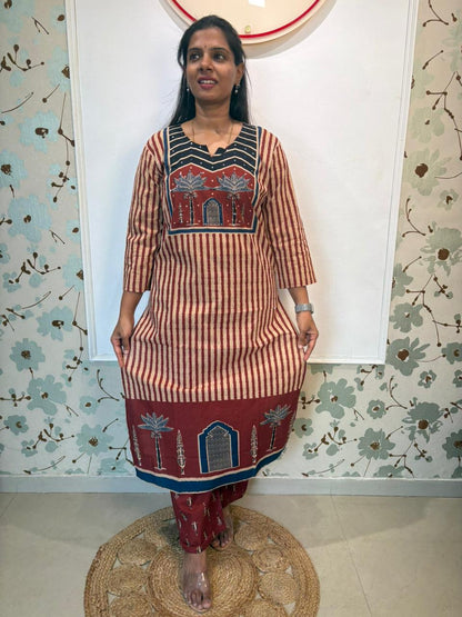 Beige & Rust Striped Cotton Kurta Set with Lotus Temple Print