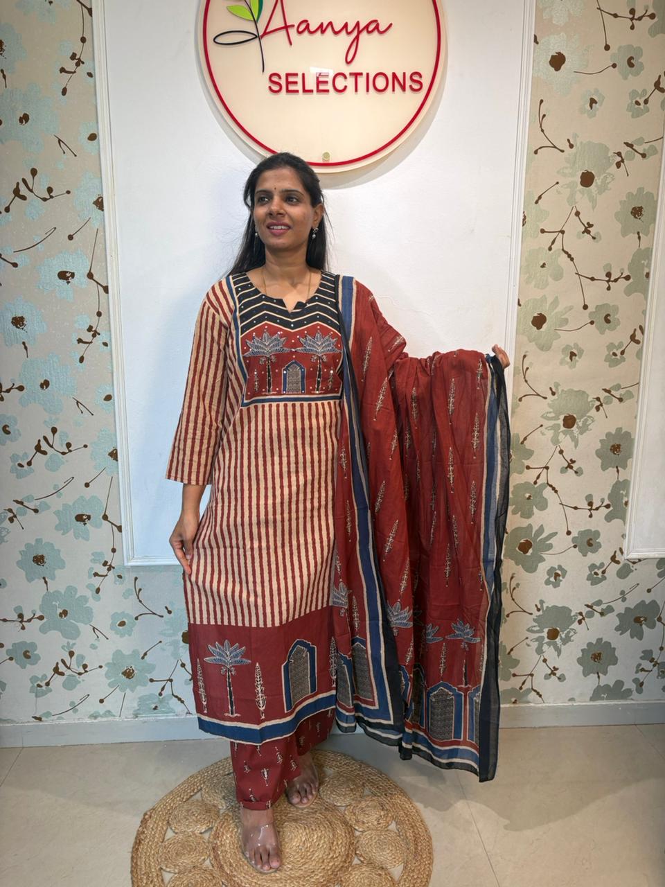 Beige & Rust Striped Cotton Kurta Set with Lotus Temple Print