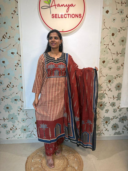 Beige & Rust Striped Cotton Kurta Set with Lotus Temple Print