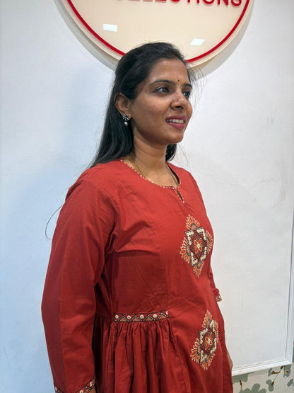 Brick Red Embroidered Cotton Anarkali Kurti Set
