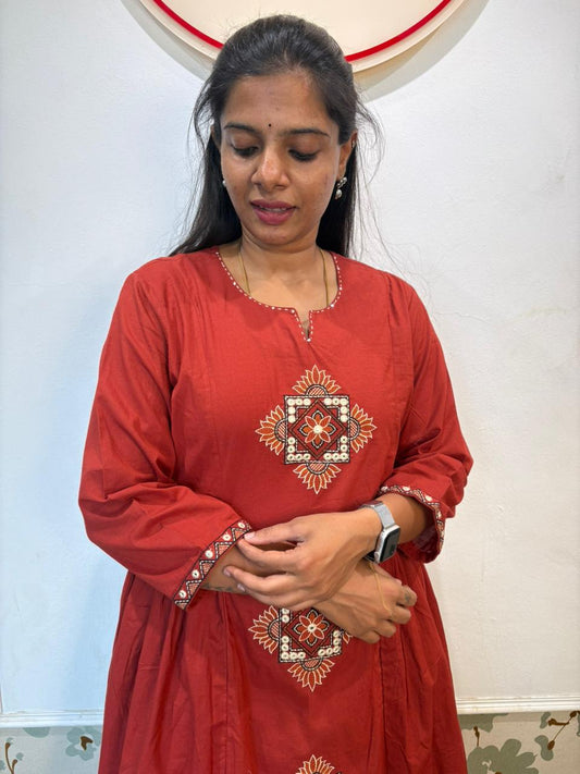 Brick Red Embroidered Cotton Anarkali Kurti Set