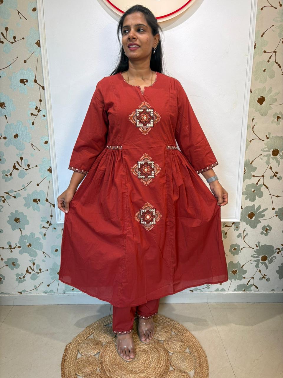 Brick Red Embroidered Cotton Anarkali Kurti Set