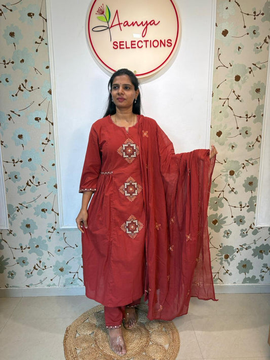 Brick Red Embroidered Cotton Anarkali Kurti Set