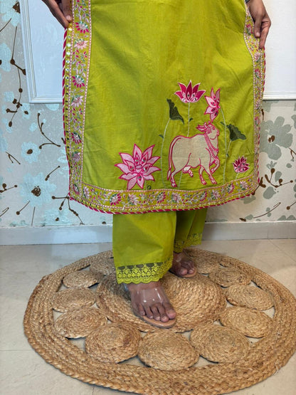 Pichwai Lotus Embroidered Cotton Kurti Set