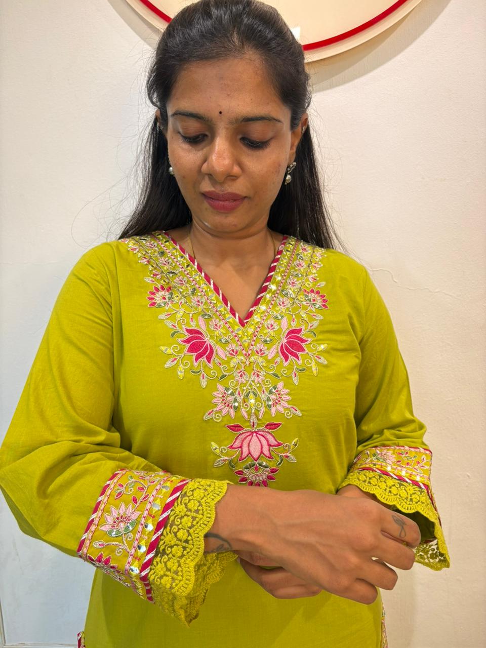 Pichwai Lotus Embroidered Cotton Kurti Set