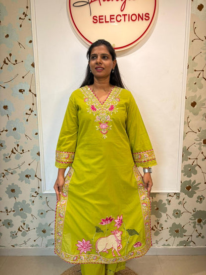 Pichwai Lotus Embroidered Cotton Kurti Set