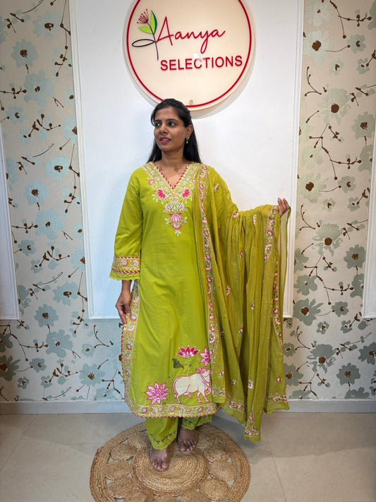 Pichwai Lotus Embroidered Cotton Kurti Set