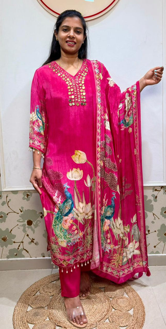 Hot Pink Pure Crepe Suit Set | Mirror Work & Peacock Print